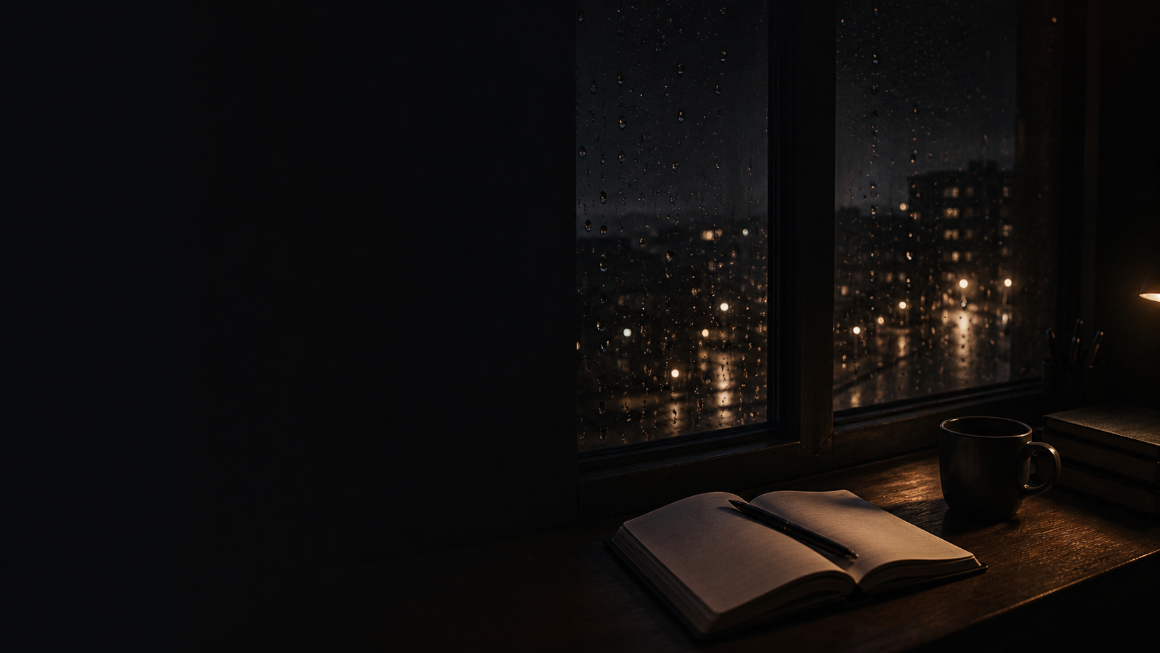 Regennacht am Fenster mit offenem Notizbuch