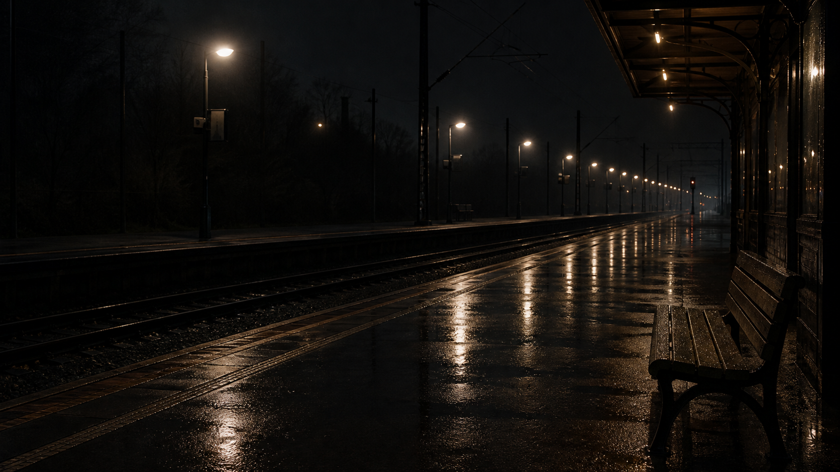 Leerer Bahnsteig bei Nacht nach Regen